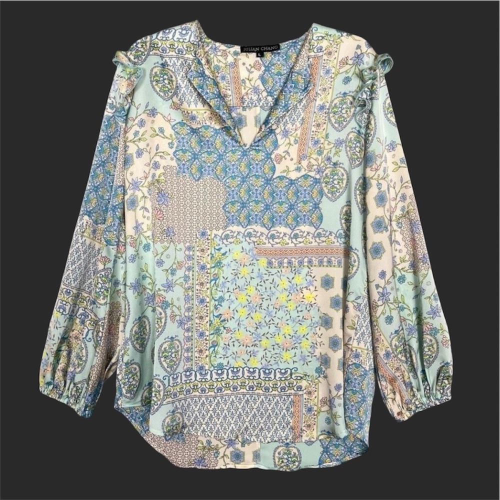 Julian Chang Pastel Floral Top L Regency Tea Party Ruffled Romantic Maximalist